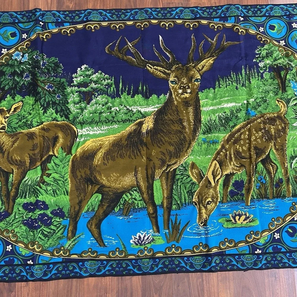 Vtg Tapestry Elk Deer MCM Blue Floral Velvet Wall Hanging 55x39‎ Mancave Lodge